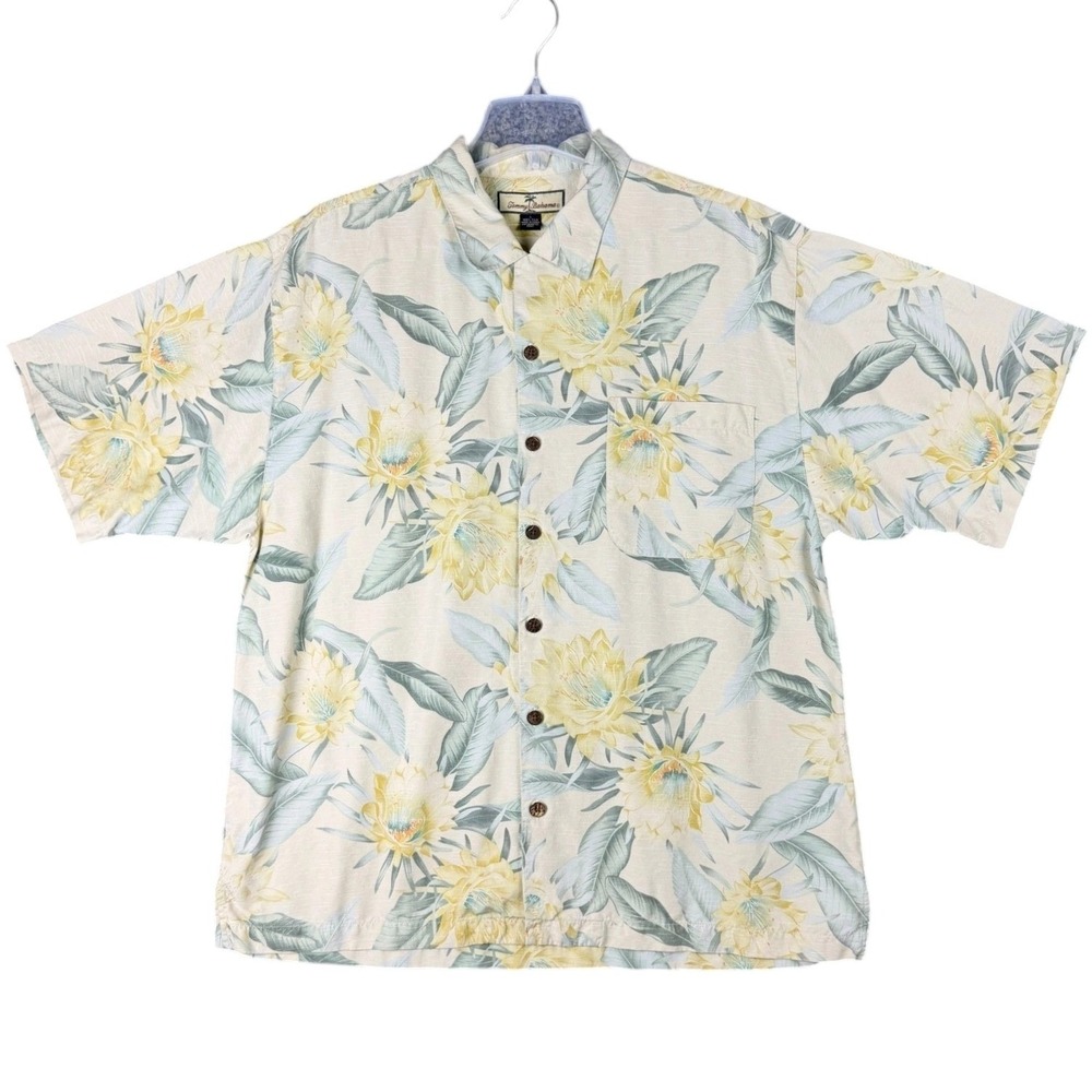 Tommy Bahama Men's L Cream Yellow Silk Floral Boho Hawaiian Camp Shirt Casual
